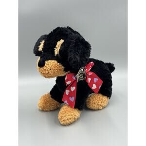 Rottweiler Plush Dog W/ Red Heart Bow 10” Stuffed Animal Puppy Love Hug Fun